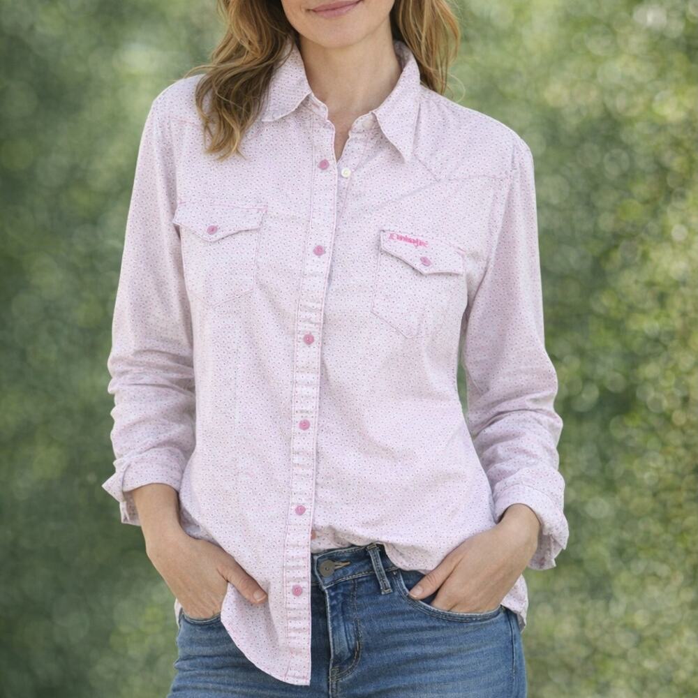 Wrangler Breast Cancer Snap Down Long Sleeve Pink Geometric Western Shirt